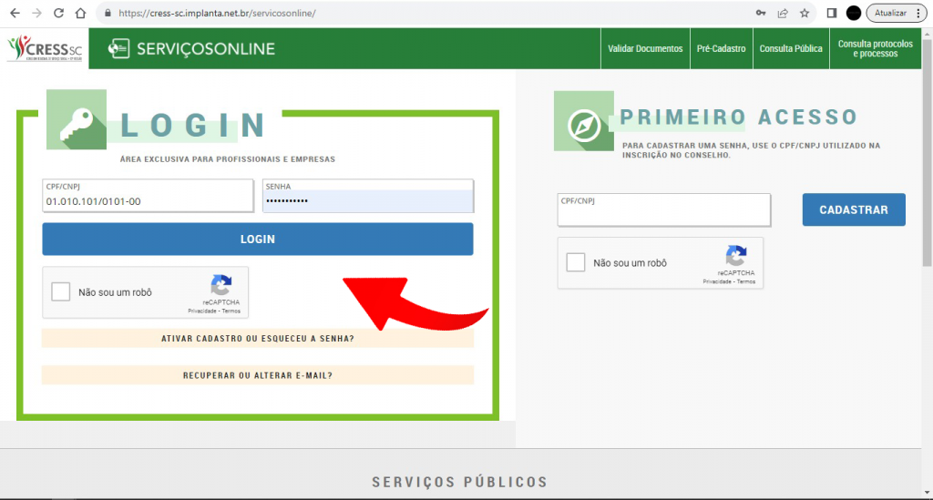 #descrição da imagem: print de tela na página inicial do Serviços On-line mostrando a opção de preenchimento de login.