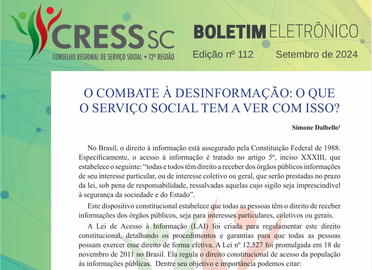 #Descrição da imagem: Print da parte inicial da publicação contendo, no topo, a logotipo do CRESS/SC, Boletim Eletrônico, Edição nº 112, Setembro de 2024. No centro o título do artigo, nome da autora e três parágrafos.