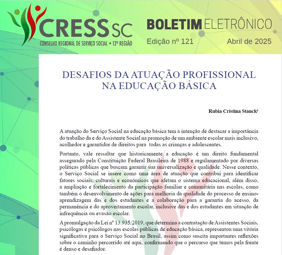 #Descrição da imagem: Print da parte inicial da publicação contendo, no topo, a logotipo do CRESS SC, Boletim Eletrônico, Edição nº 121, Abril de 2025. No centro o título do artigo, nome da autora e três parágrafos.