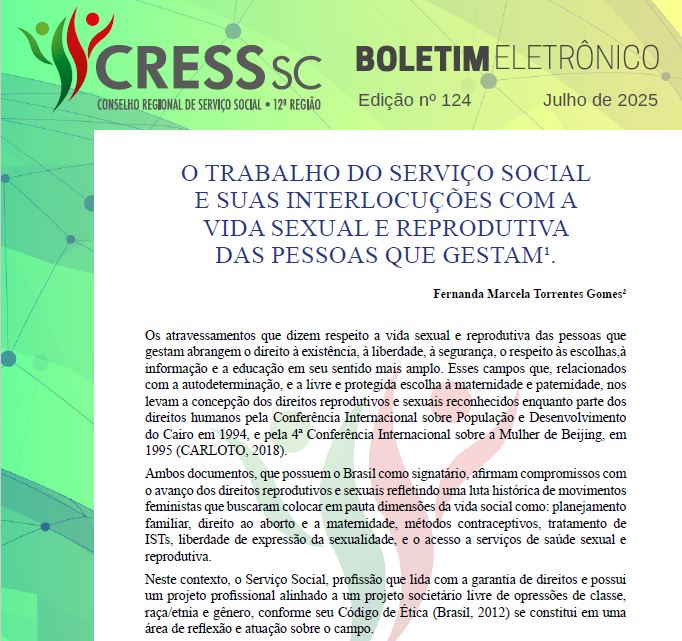 #Descrição da imagem: Print da parte inicial da publicação contendo, no topo, a logotipo do CRESS SC, Boletim Eletrônico, Edição nº 124, julho de 2025. No centro o título do artigo, nome da autora e três parágrafos.