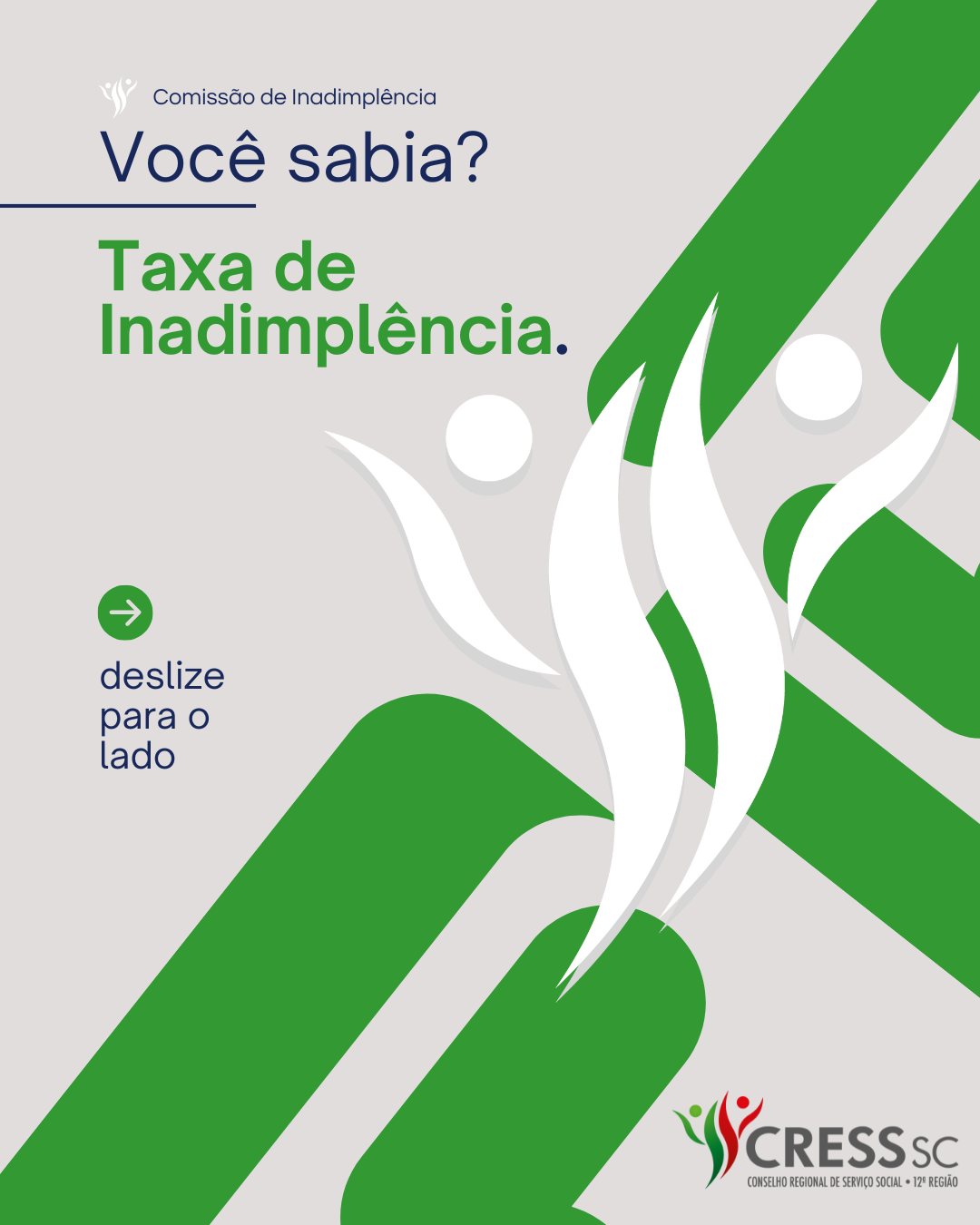 #Descrição da imagem. Arte vertical com fundo cinza e verde, logotipo do CRESS SC. Texto? Comissão de Inadimplência. Você Sabia?Taxa de Inadimplência. Deslize para o lado e fecha para a direita. Logotipo do CRESS SC.