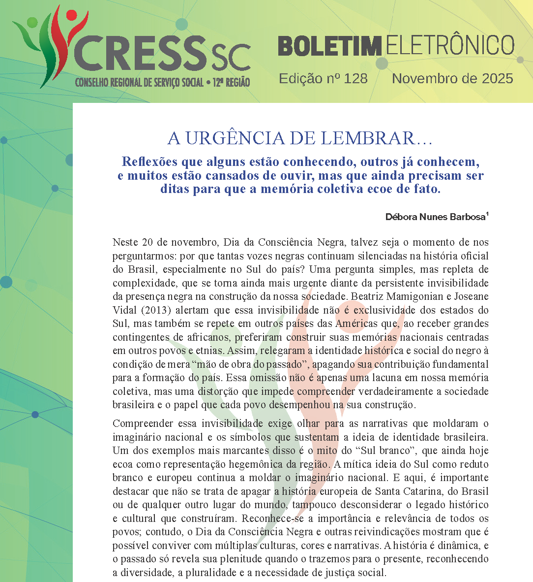 #Descrição da imagem: Print da parte inicial da publicação contendo, no topo, a logotipo do CRESS SC, Boletim Eletrônico, Edição nº 128, novembro de 2025. No centro o título do artigo, nome da autora e dois parágrafos.