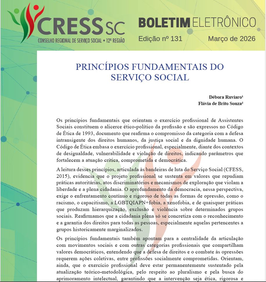 #Descrição da imagem: Print da parte inicial da publicação contendo, no topo, a logotipo do CRESS SC, Boletim Eletrônico, Edição nº 131, fmarço de 2026. No centro o título do artigo, nome das autoras e três parágrafos.