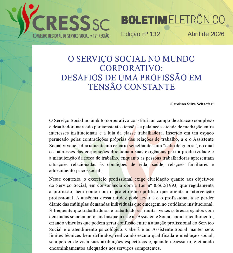 #Descrição da imagem: Print da parte inicial da publicação contendo, no topo, a logotipo do CRESS SC, Boletim Eletrônico, Edição nº 132, abril de 2026. No centro o título do artigo, nome da autora e dois parágrafos.