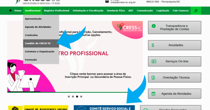 #Descrição da Imagem. Print Screen da página inicial do site do CRESS com setas mostrando os dois caminhos possível: Dentro da Aba Institucional ou por meio do botão localizado na home page.
