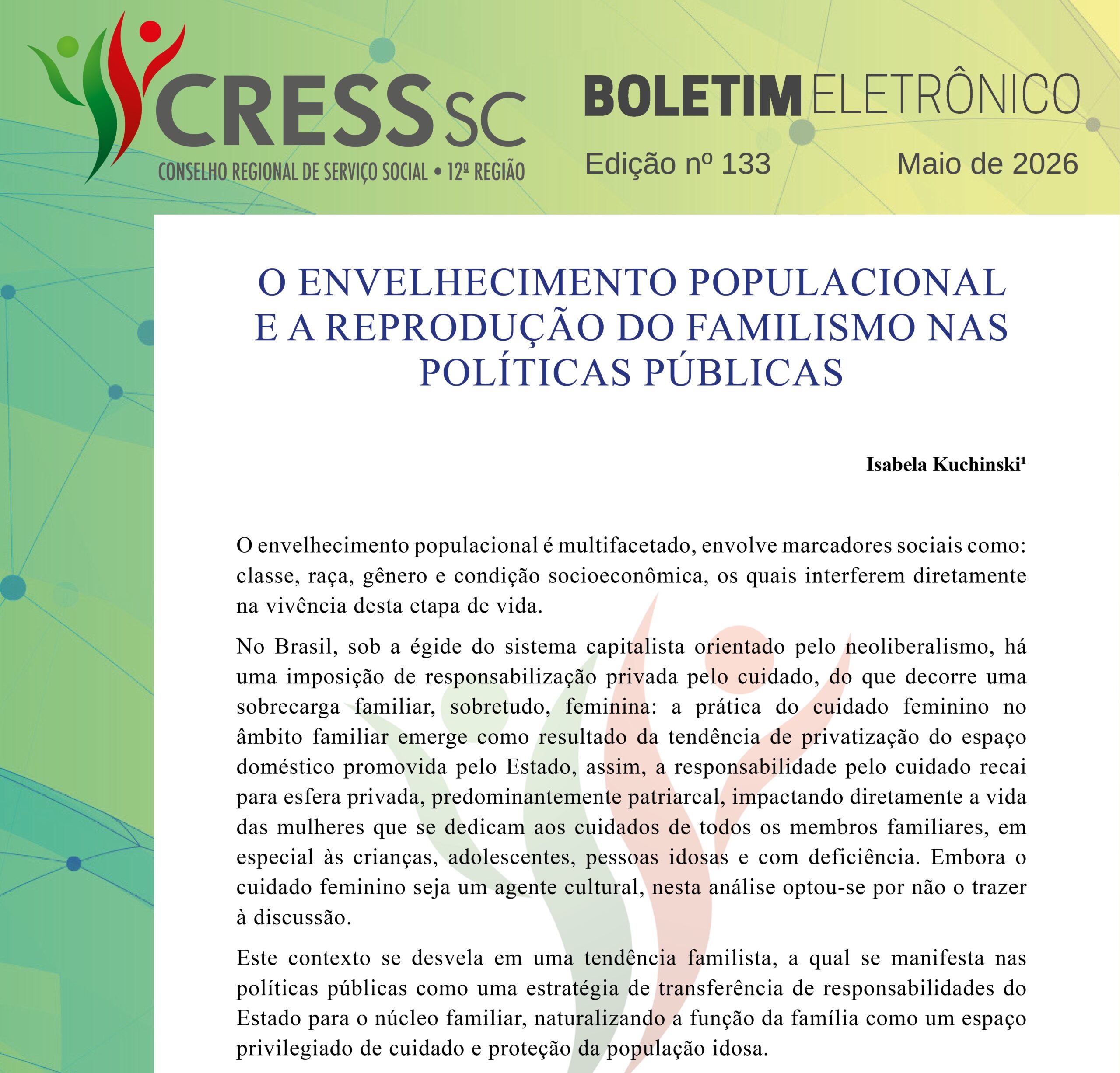 #Descrição da imagem: Print da parte inicial da publicação contendo, no topo, a logotipo do CRESS SC, Boletim Eletrônico, Edição nº 13, maio de 2026. No centro o título do artigo, nome da autora e três parágrafos.